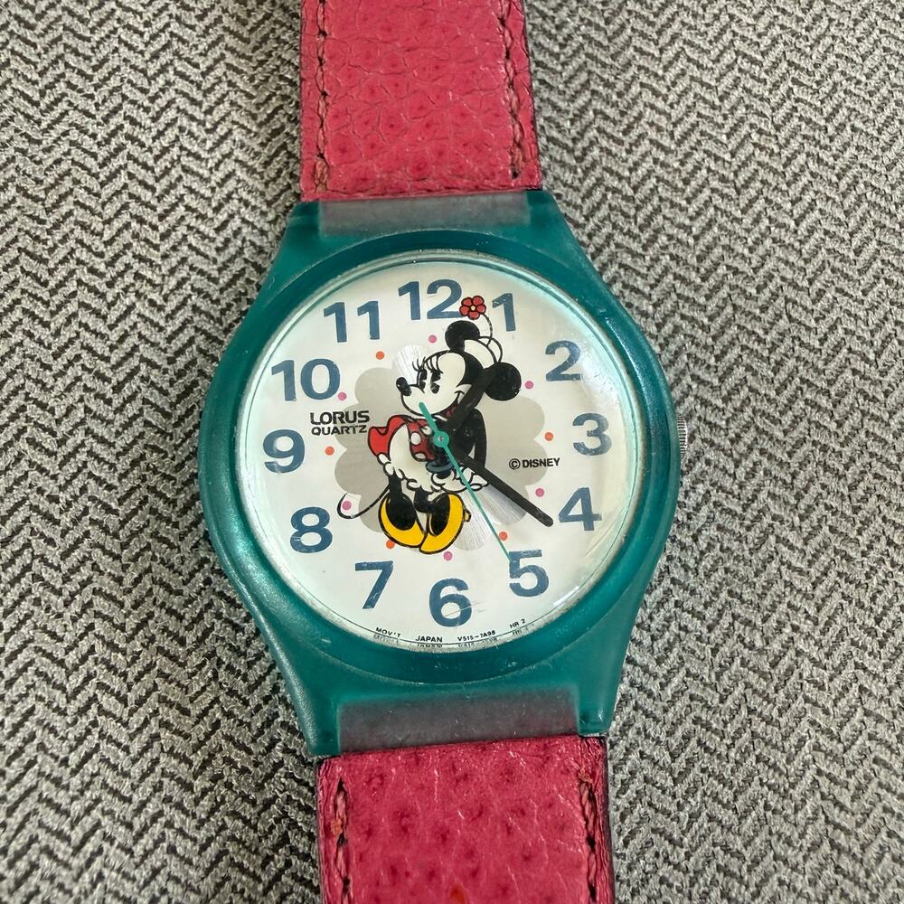 Vintage Lorus Disney Minnie Mouse Quartz Watch V515-7A98 Teal Pink Works
